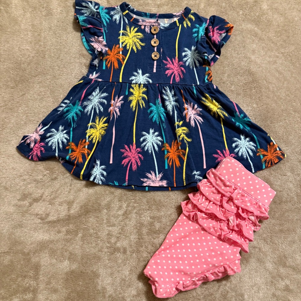 Posh Peanut 18-24M Palm Tree Peplum Top and Ruffle Polka Dot Bummer Set Navy